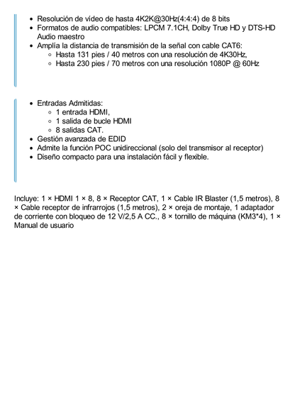 Splitter HDMI 1x8 | Extensor HDMI | 4K@30Hz 40m | 1080p@60Hz 70m | Función PoC |  4:4:4