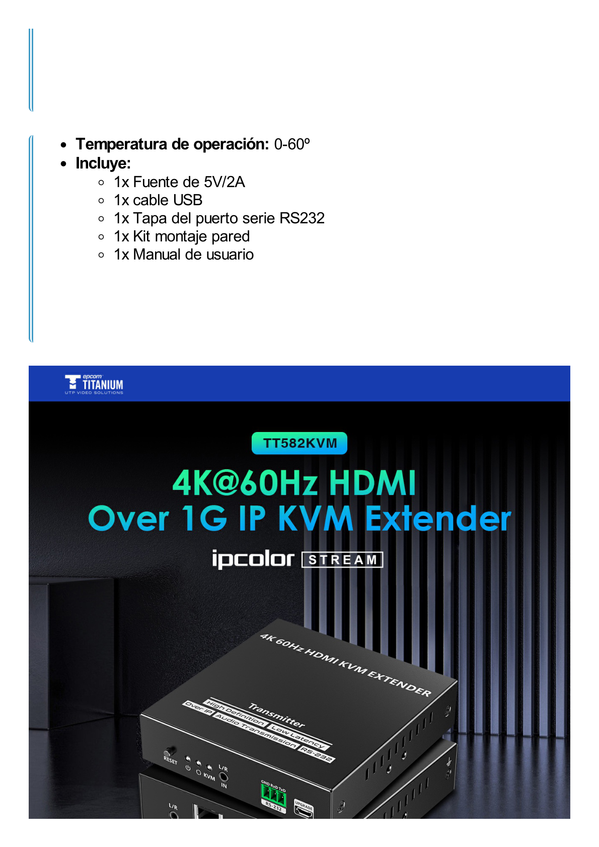 Receptor Compatible para Kit TT582-KVM |4K @60Hz | Cat 6, 6a y 7 |  hasta 150 metros | Transmite el Video y Controla tu DVR vía USB a distancia