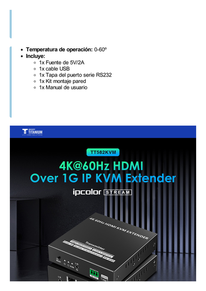 Receptor Compatible para Kit TT582-KVM |4K @60Hz | Cat 6, 6a y 7 |  hasta 150 metros | Transmite el Video y Controla tu DVR vía USB a distancia