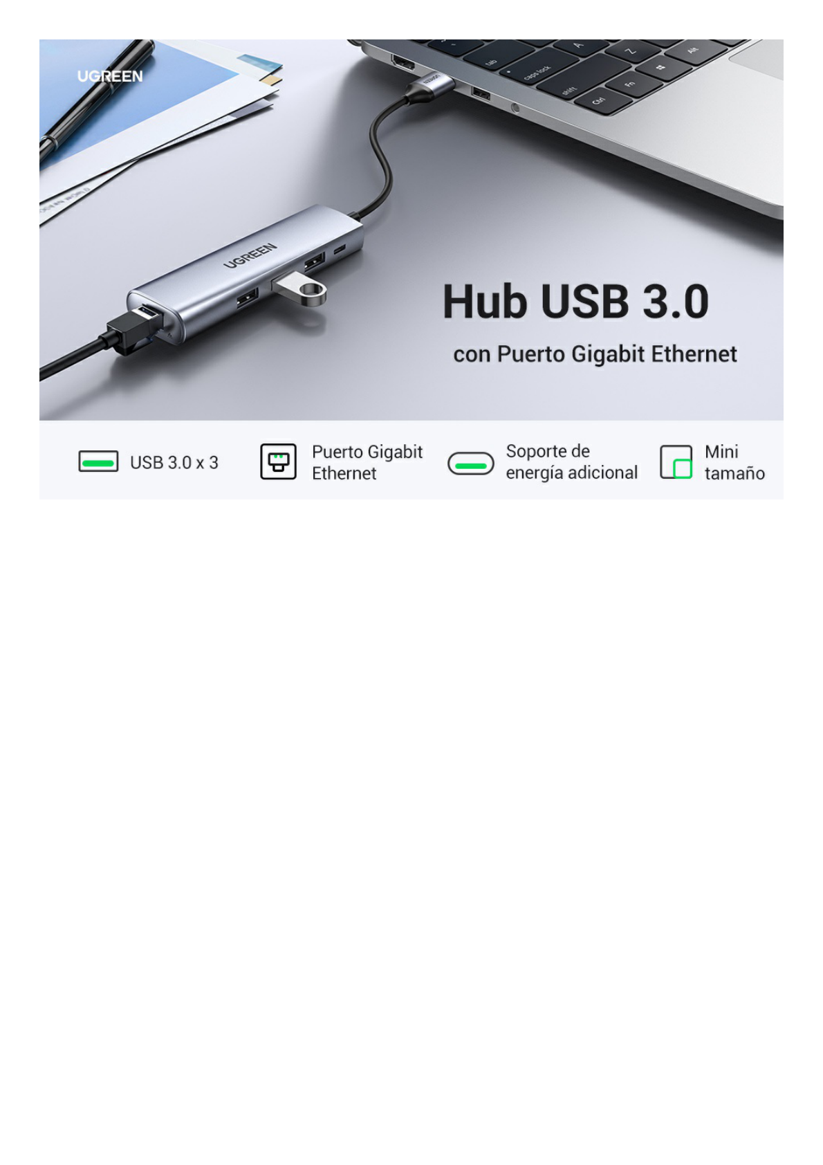 HUB USB-A (Docking Station) 5 en 1 | 3 USB-A 3.0 (5Gbps) | 1 RJ45 (Gigabit Ethernet) | Entrada Micro USB | Luz Indicadora LED | Doble Chip de Última Generación | Caja ABS + PC | Interfaz Niquelada | Color Gris Metalizado.