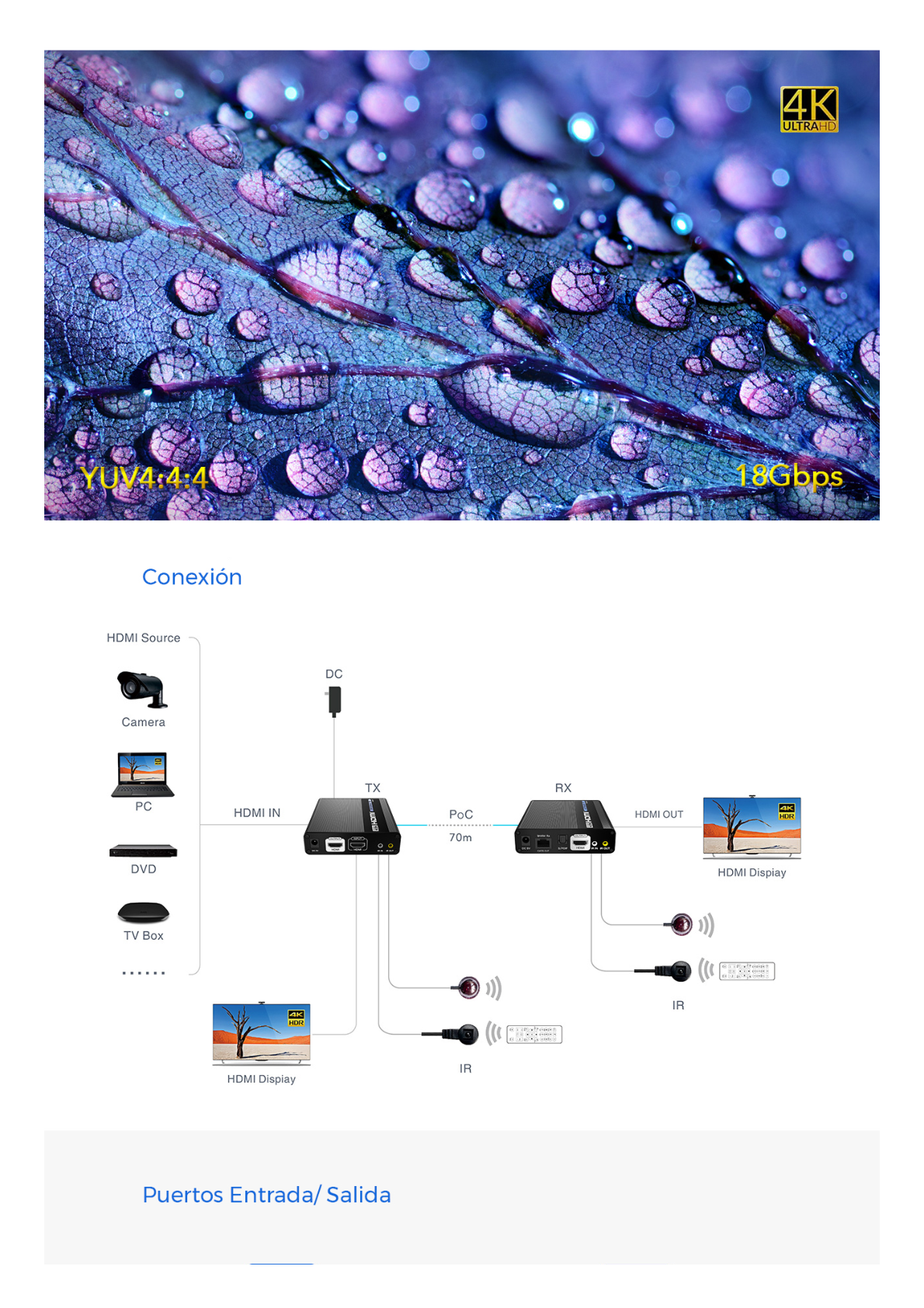 Receptor Compatible para Kits TT- 676 / 4K@60Hz con IR / Distancia de 70 Metros / Conexión en Cascada de hasta 10 Receptores con TT676.