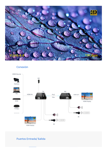 Receptor Compatible para Kits TT- 676 / 4K@60Hz con IR / Distancia de 70 Metros / Conexión en Cascada de hasta 10 Receptores con TT676.