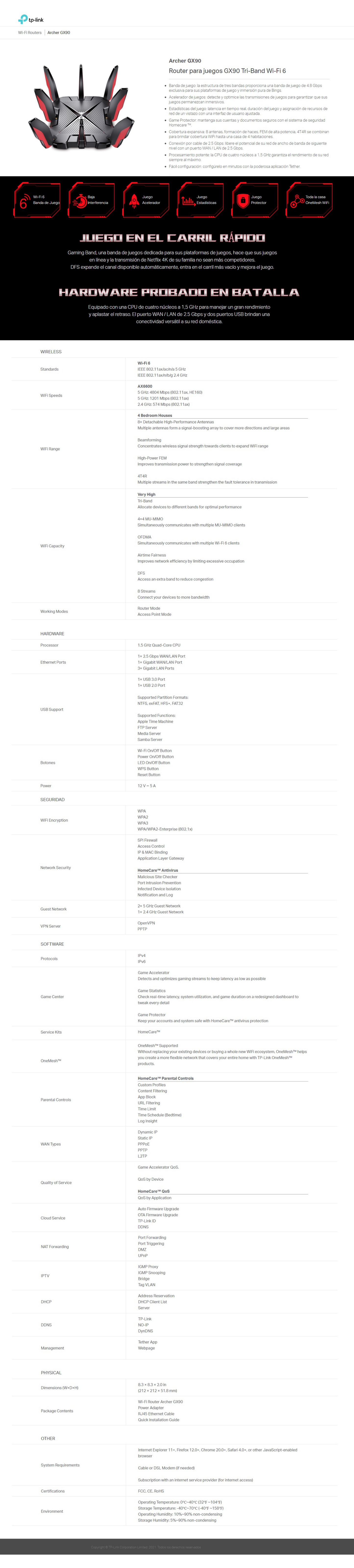 Router Wi-Fi 6 AX6600 gaming TP-Link Archer GX90 Tri-banda MU-MIMO 4x4 1 puerto WAN/LAN 2.5 Gbps 1 WAN/LAN y 3 LAN gigabit