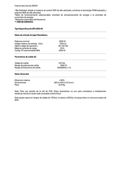 Inversor / Cargador para sistemas tipo isla de 48Vcc/120VCA de 2500W onda sinusoidal pura con controlador MPPT. Administre una fuente fotovoltaica, la red eléctrica y recargue su banco de baterías y su consumo sin problemas.