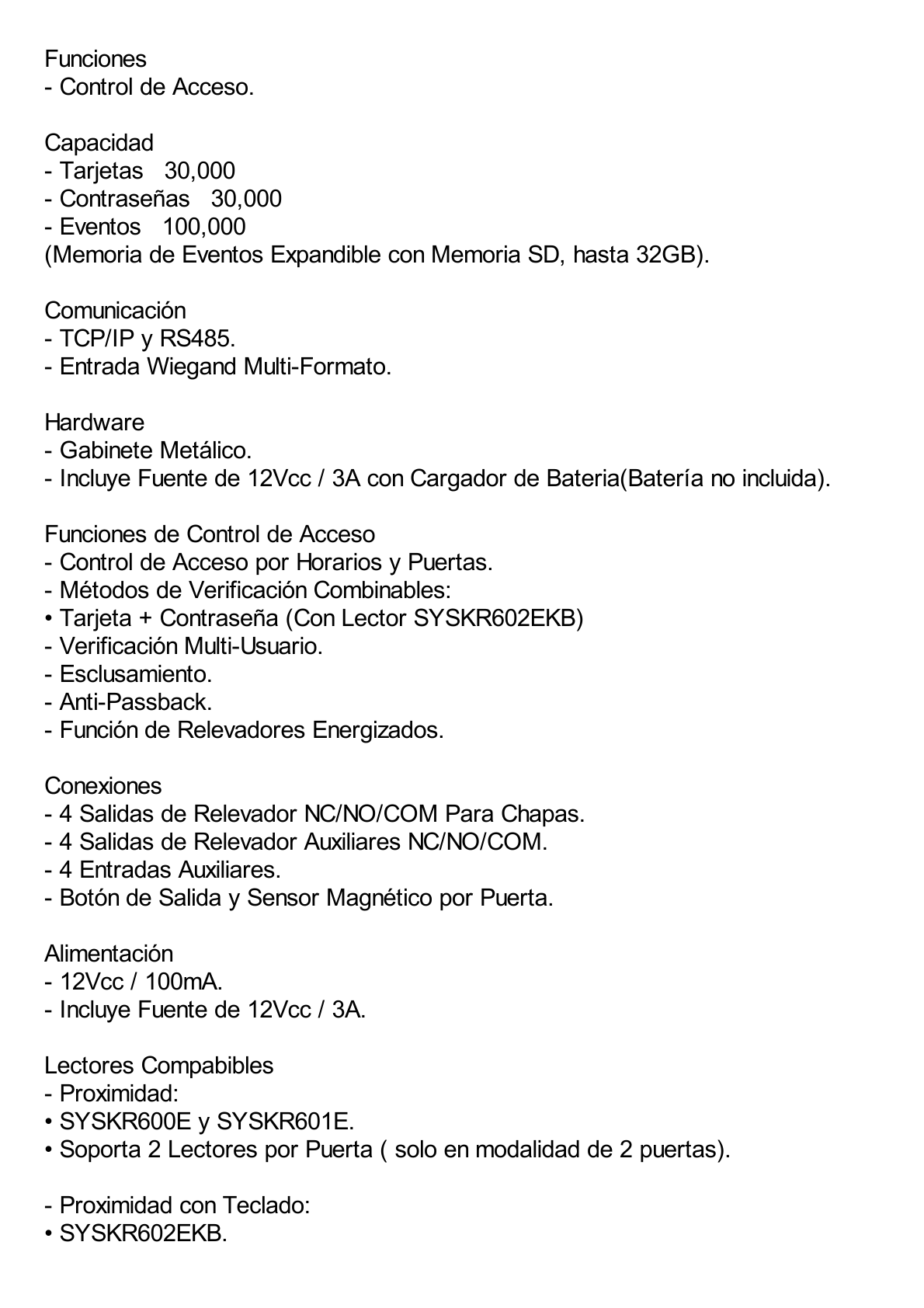 C3400 Panel de Control de Acceso para 4 Puertas / Fácil Administración / 30,000 Tarjetas / Incluye Gabinete y Fuente de Alimentación 12Vcc/3A / Software GRATIS