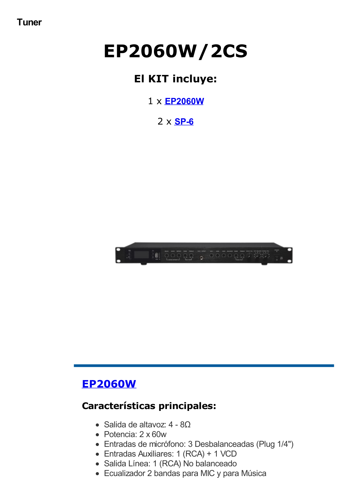 Amplificador de Audio con 2 Bocinas SP6 | 2 x 60W | Baja Impedancia 4 - 8Ω | Reproductor Bluetooth, USB, SD | Efectos Integrados Delay, Echo, Repeat