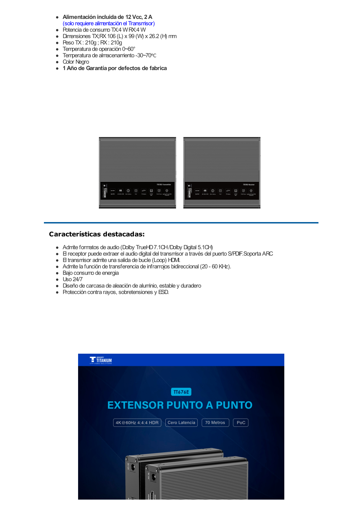 Kit Extensor HDMI para distancias de 70 metros / Resolución 4K x 2K@ 60 Hz/ Cat 6, 6a y 7 / IPCOLOR / CERO LATENCIA / SIN COMPRIMIR / Uso 24/7 / Puerto S/PDIF / Soporta ARC / Salida Loop / Alimente solo el Tx (PoC) / Control IR