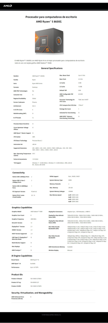 Procesador AMD Ryzen 5 8600G con disipador y graficos socket AM5 6Core 4.3Ghz 65w Zen 4