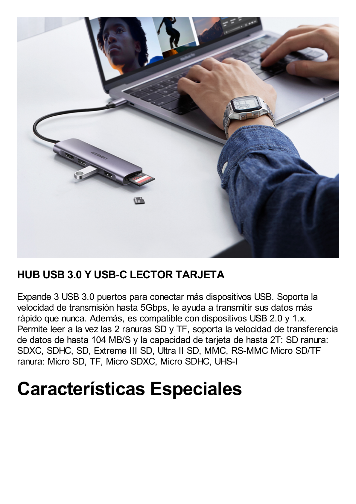 HUB USB-C Multipuertos / HDMI 4K@30Hz  / 3 Puertos USB-A 3.0 / Lector Tarjeta SD+TF (Uso Simultáneo) / 6 en 1 / Carcasa de Aluminio.