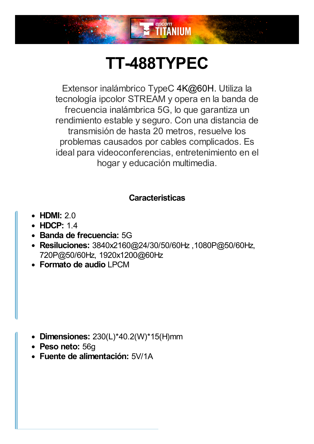 Extensor inalámbrico tipo C a HDMI | Wifi 5G | 4K60Hz | para distancias de 20 metros