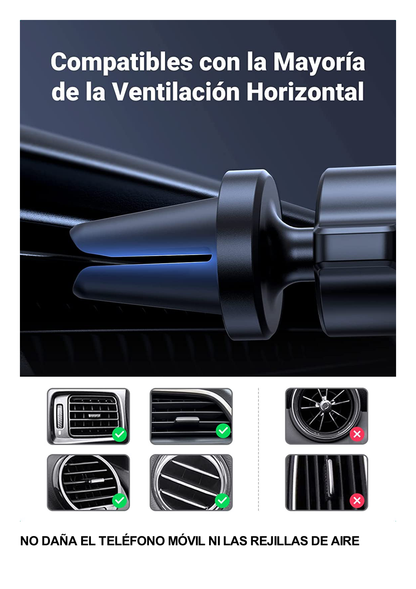 Soporte de Celular para Automóvil en Rendija de Ventilación / Sistema de Gravedad / Rotacion de 360° /Angulo Multiple / Almohadillas de Goma Antideslizantes / Amplia Compatibilidad con dispositivos de 4'' a 7'' / Color Negro