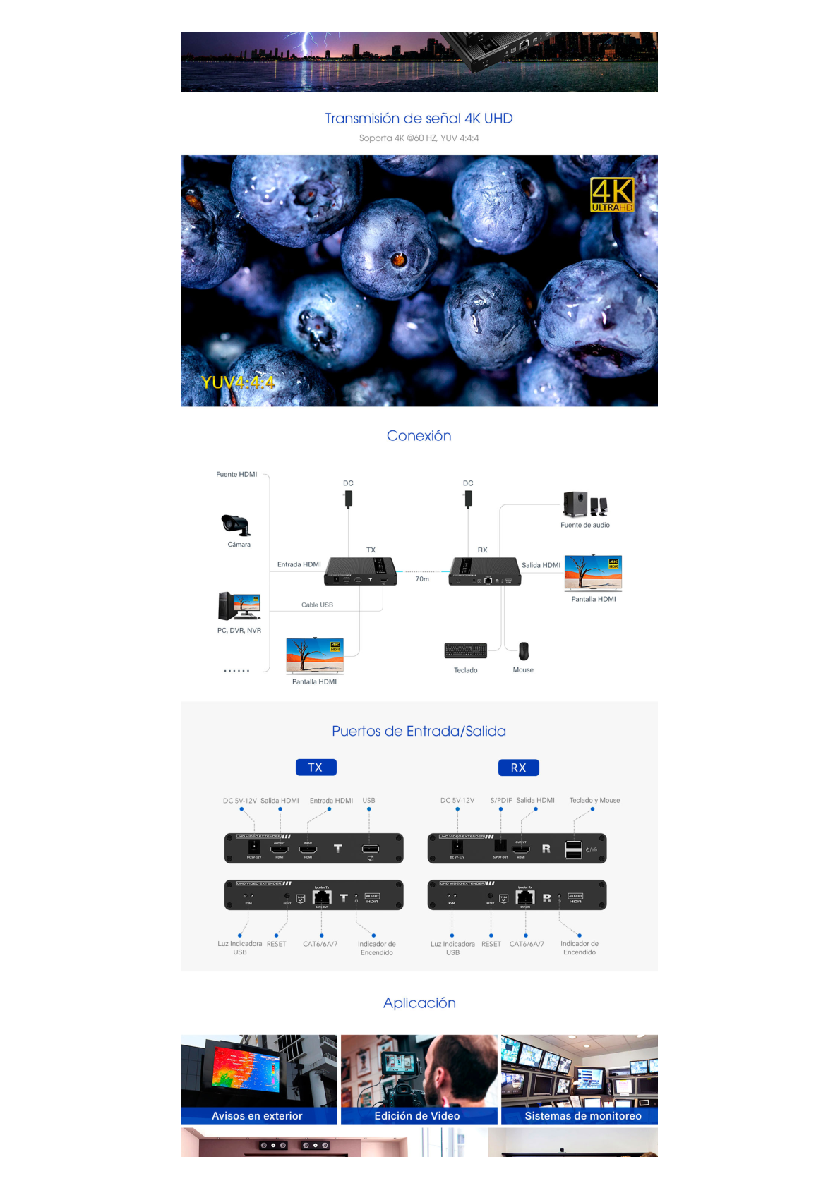 Kit extensor KVM (HDMI y USB) hasta 70 metros / Resolución 4K @ 60 Hz/ Cat 6, 6a y 7 / IPCOLOR / CERO LATENCIA / HDR10 / Salida Loop / Puerto S/PDIF / Uso 24/7 / Transmite el Video y Controla tu DVR vía USB a distancia.