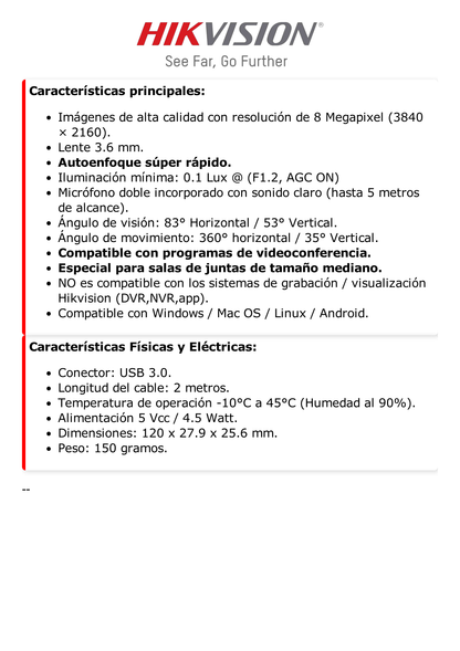 Cámara Web 4K Para Salas de Juntas Medianas / Gran Angular / Micrófono Integrado /  Fácil de Instalar / Reducción de Ruido Inteligente