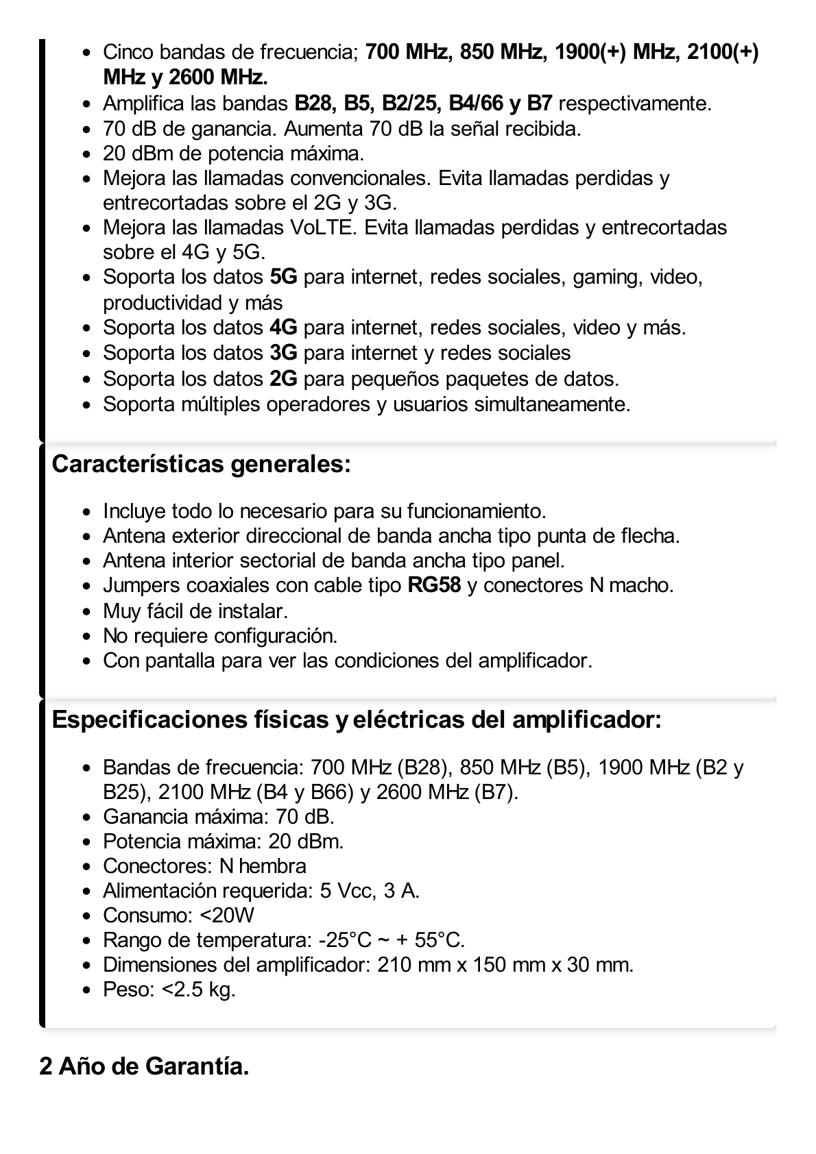 Kit Amplificador de Señal Celular 5G / Mejora las llamadas convencionales y VoLTE / Soporta los datos de las tecnologías 2G, 3G, 4G y 5G de TELCEL, AT&T, MOVISTAR y OMV de Altán / Cubre hasta 600 m².