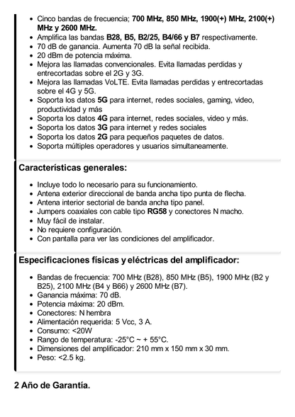 Kit Amplificador de Señal Celular 5G / Mejora las llamadas convencionales y VoLTE / Soporta los datos de las tecnologías 2G, 3G, 4G y 5G de TELCEL, AT&T, MOVISTAR y OMV de Altán / Cubre hasta 600 m².