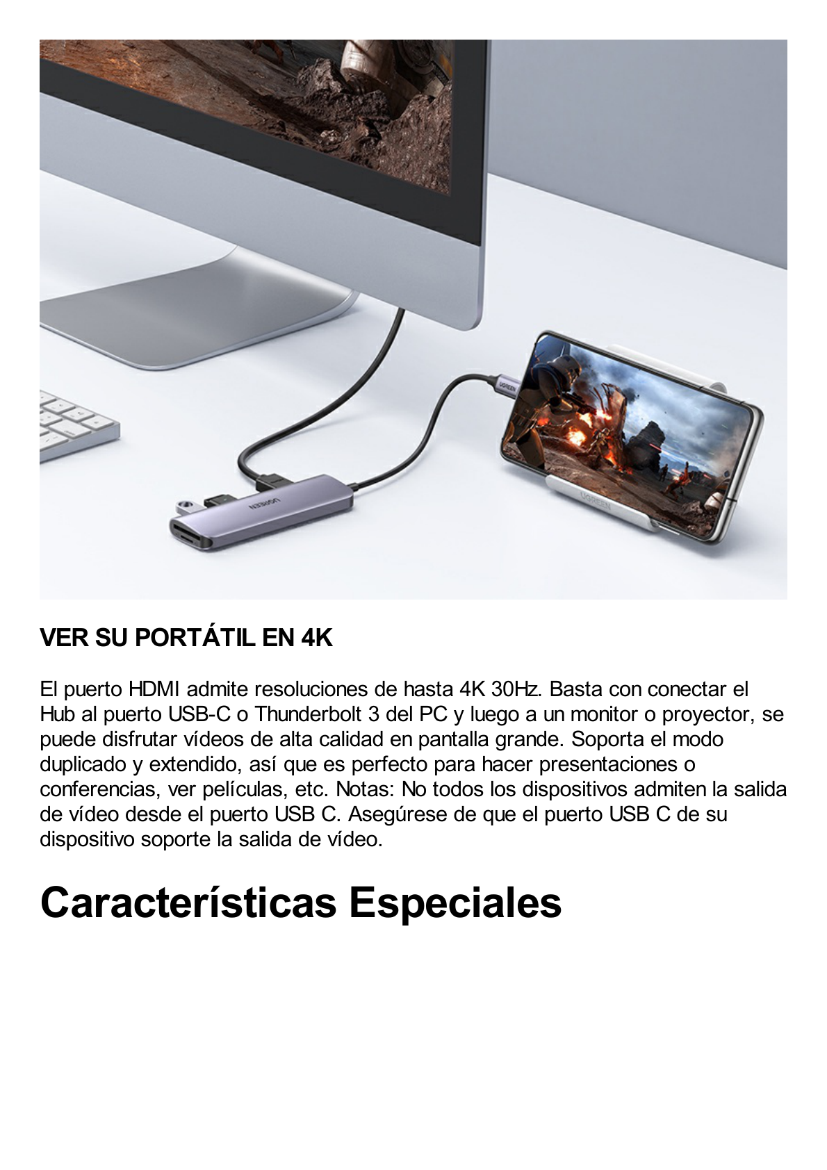 HUB USB-C Multipuertos / HDMI 4K@30Hz  / 3 Puertos USB-A 3.0 / Lector Tarjeta SD+TF (Uso Simultáneo) / 6 en 1 / Carcasa de Aluminio.