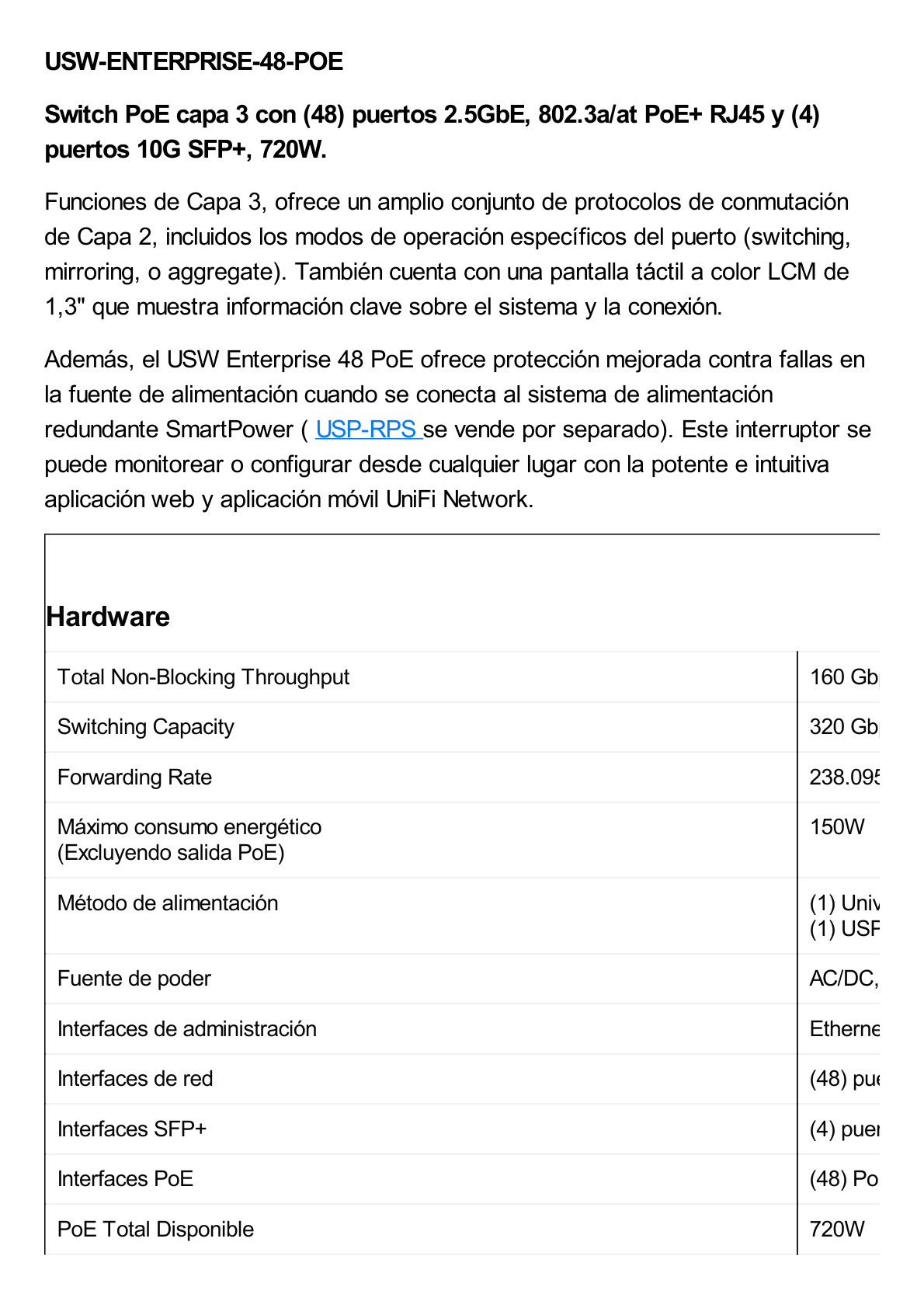 UniFi Switch Enterprise administrable capa 3, 48 puertos 2.5GbE RJ45 POE+, 4 puertos 10G SFP+, 720W, con pantalla táctil de 1.3"