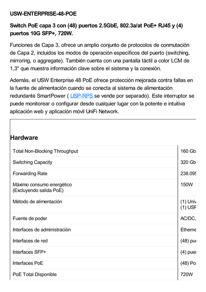 UniFi Switch Enterprise administrable capa 3, 48 puertos 2.5GbE RJ45 POE+, 4 puertos 10G SFP+, 720W, con pantalla táctil de 1.3"