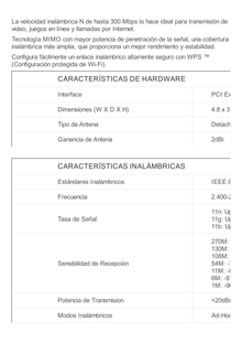 Adaptador Inalámbrico N PCI Express 300Mbps