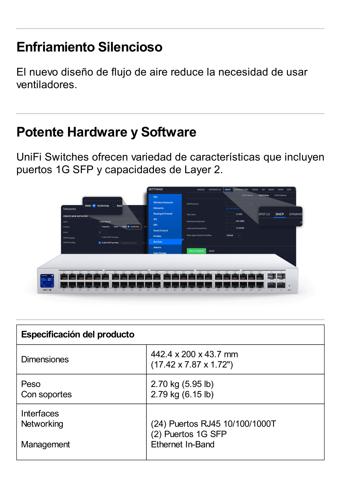 UniFi Switch USW-24, Capa 2 de 24 puertos 10/100/1000 Mbps + 2 puertos 1G SFP, pantalla informativa