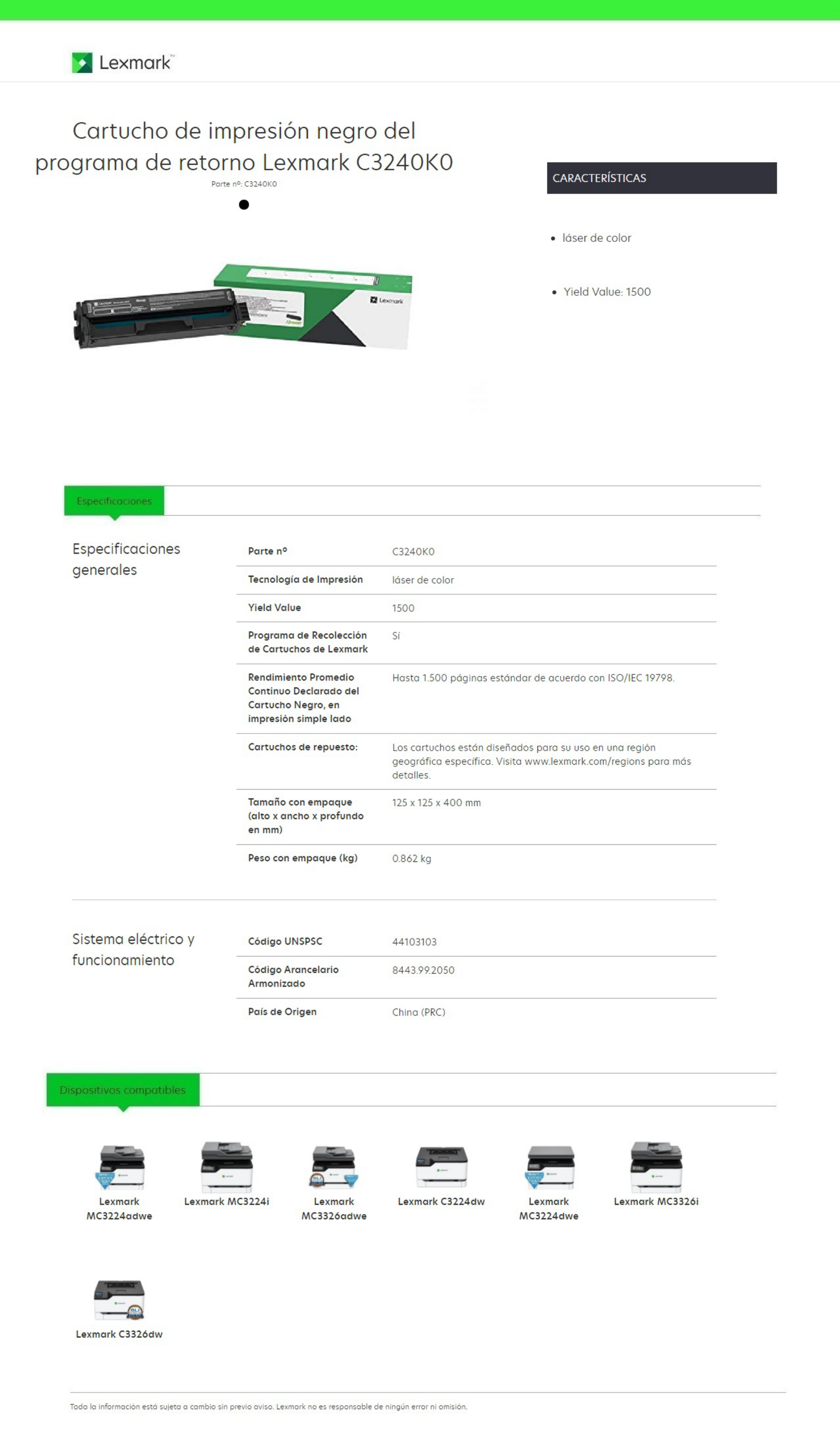 TONER LEXMARK C3240K0 NEGRO PROG RETORNO MC3224adwe/MC3326adwe/C3224dw (1500 pag)