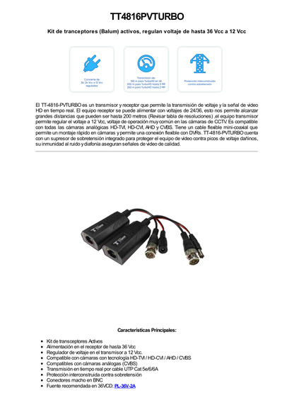 Kit de transceptores activos TURBO HD. Convierte 36/24 Vcc a 12 Vcc regulados, a través de cable  UTP Cat5e / 6. Transmision de 200 m (Revisar tabla de resoluciones )