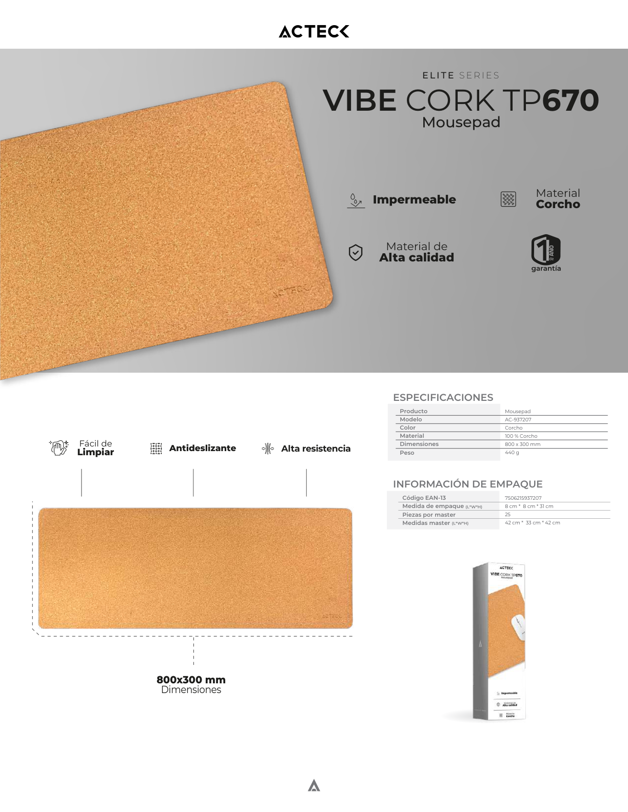 Alfombrilla Acteck para Escritorio Vibe Cork TP670 90x40cm Superficie Plana y Suave Corcho con Base Antideslizante