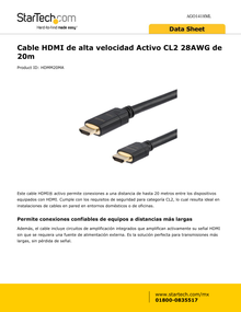 CABLE STARTECH HDMI DE 20M DE ALTA VELOCIDAD CABL ACTIVO CL2 28AWG