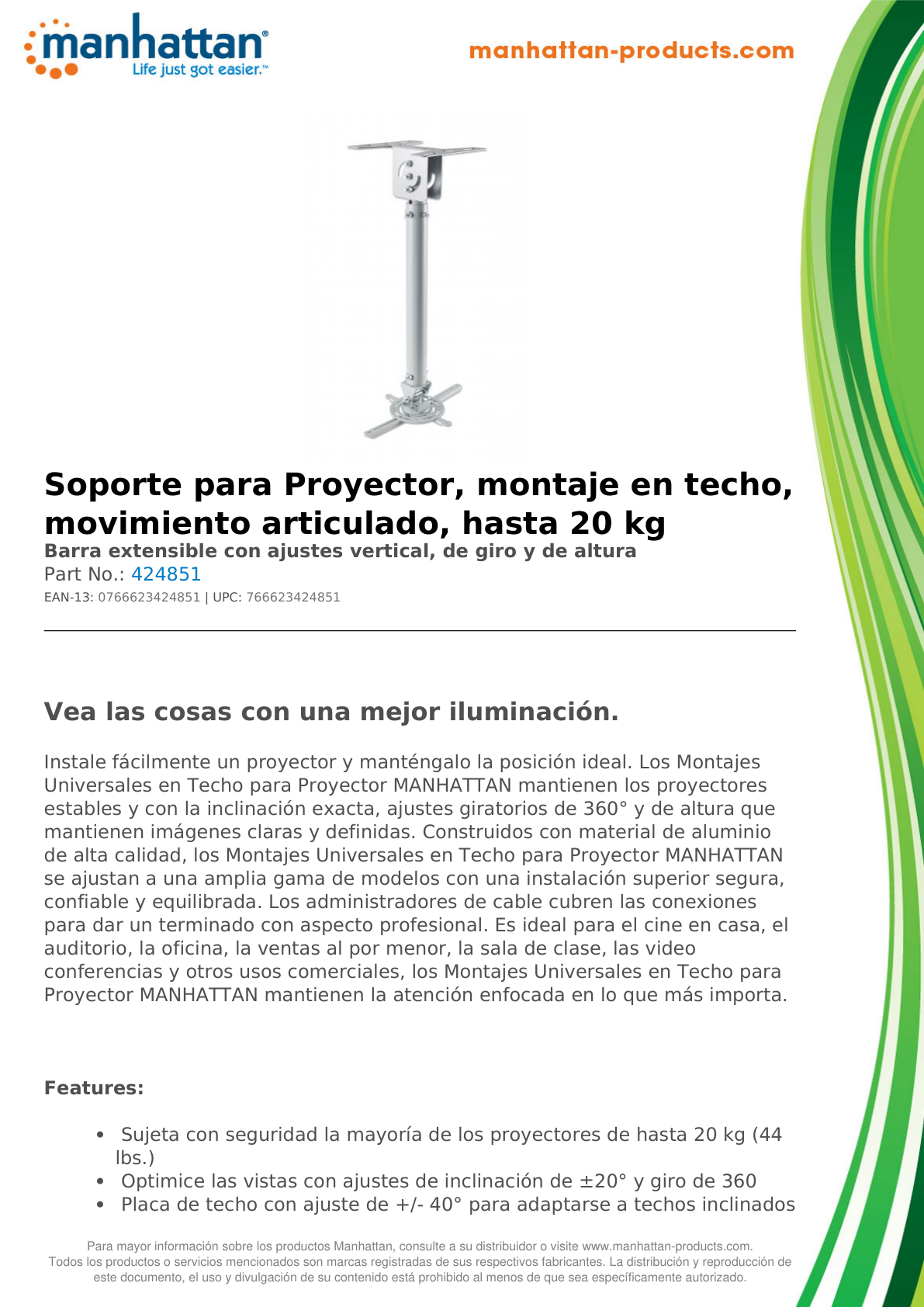 SOPORTE PARA PROYECTOR MANHATTAN P/TECHO 58-82CM 20KG