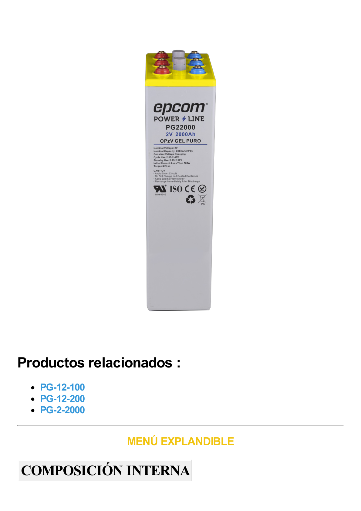 Batería de GEL PURO OPzV / 2 V @ 2,000 Ah / Ciclo profundo /Uso en Aplicaciones Fotovoltaicas y de Respald