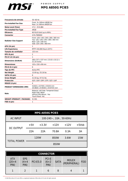 Fuente MSI 850W MPG A850G PCIe5 Full Modular 80 PLUS Gold