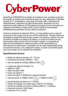 UPS de 3000 VA/3000 W, Topología Línea Interactiva, Entrada 120 Vca NEMA L5-30P, Onda Senoidal Pura, Torre o Rack 2 UR, Con 8 Tomas NEMA 5-20R y 1 NEMA L5-30R