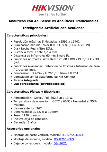 [ PROTECCIÓN ACTIVA ] Bala IP 5 Megapixel / Lente 4 mm / 60 mts IR EXIR / Exterior IP67  / WDR 120 dB / PoE + / Micrófono y Bocina Integrada / AcuSense / MicroSD