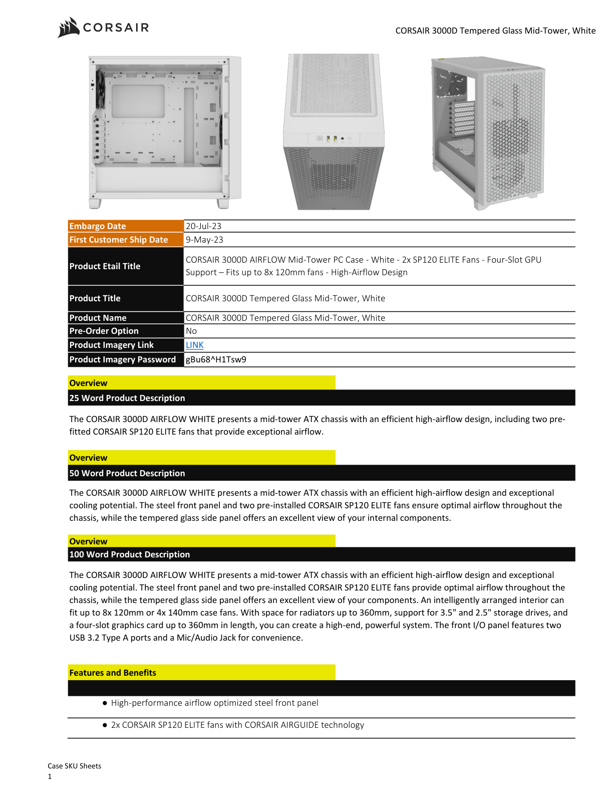 Gabinete Corsair 3000D AIRFLOW blanco cristal templado ATX media torre 2*ventiladores Elite