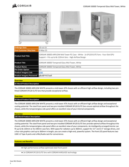 Gabinete Corsair 3000D AIRFLOW blanco cristal templado ATX media torre 2*ventiladores Elite