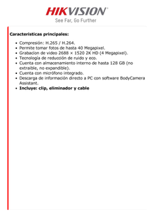 Body Camera Portátil / Grabación a 2K (4 Megapixel) / Pantalla 1.77" TFT / Fotos de Hasta 40 Megapixel / IP67 / H.265 / 128 GB de Almacenamiento / Microfono Integrado