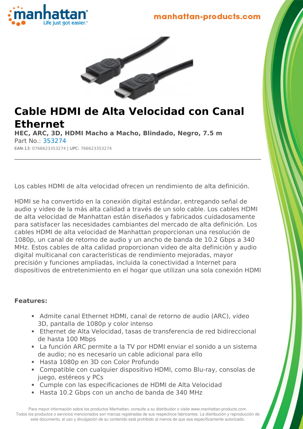 CABLE MANHATTAN HDMI 1.4 M-M 4K 7.5M ETHERNET