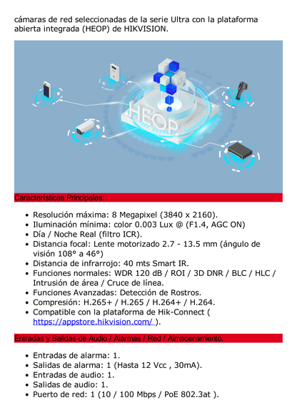 Domo IP 8 Megapixel (4K) / Lente Mot. 2.7 a 13.5 mm / 40 mts IR EXIR / Exterior IP66 / IK10 / DARKFIGHTER / Audio y Alarma I/O / PoE+ / ONVIF / Micro SD / 4 Analíticos: AcuSense, Deteccion Facial, Conteo de Personas por Cruce y Zona