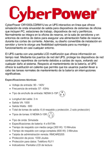 UPS de 1000 VA/600 W, Topología Línea Interactiva, Entrada 120 Vca NEMA 5-15P, Tipo Rack 1 UR, Con 6 Tomas NEMA 5-15R