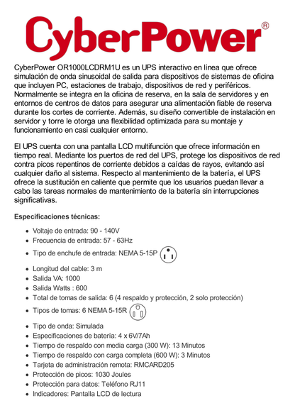 UPS de 1000 VA/600 W, Topología Línea Interactiva, Entrada 120 Vca NEMA 5-15P, Tipo Rack 1 UR, Con 6 Tomas NEMA 5-15R