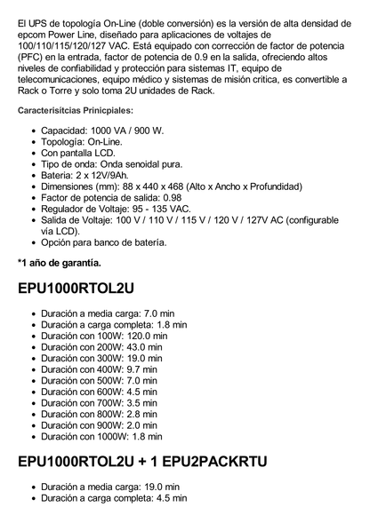 UPS de 1000VA/900W / Topología On-Line Doble Conversión / Entrada y Salida de 120 Vca / Clavija de Entrada NEMA 5-15P / Pantalla LCD Configurable /Formato Rack/Torre