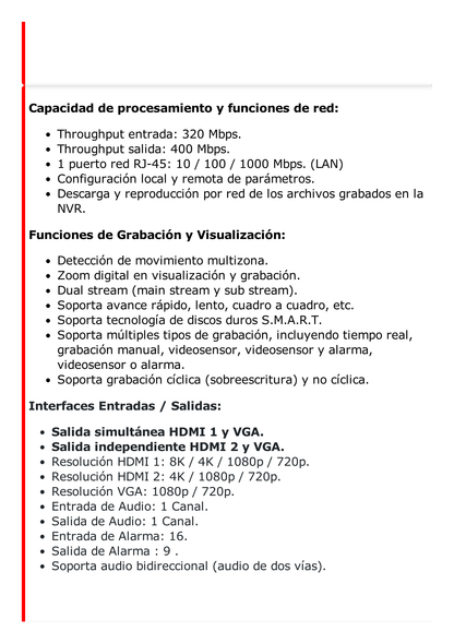 [Doble Poder de Decodificación] NVR 32 Megapixel (8K) / 32 Canales IP / 16 Puertos PoE+ / AcuSense / ANPR / Conteo de Personas / Heat Map / 4 Bahías de Disco Duro  / HDMI en 8K / Soporta POS / Alarmas I/O / 2 Salidas HDMI / ACUSEARCH