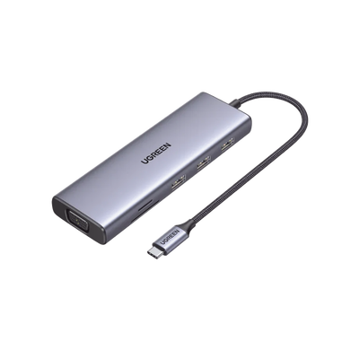 HUB USB-C (Docking Station) 9 en 1 | 3 USB-A 3.0 | USB-C PD Carga 100W | HDMI 4K@30Hz | RJ45 (Gigabit Ethernet) | VGA | Lector Tarjetas SD + Micro SD (TF) Uso Simultáneo | Chip de Última Generación | Caja de Aluminio.