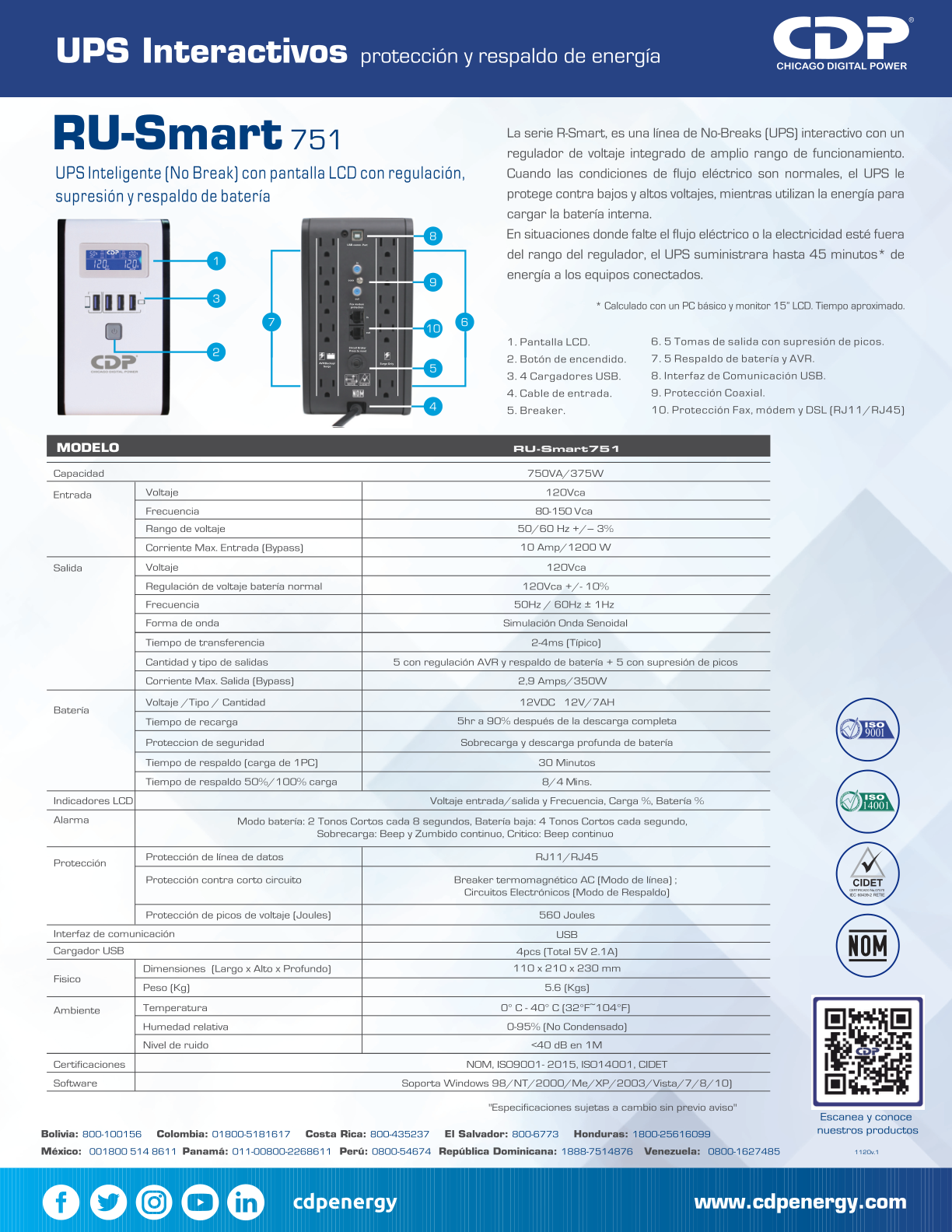 UPS inteligente CDP RU-SMART751 750VA/375W LCD 10 NEMA 5-15R (5 c/protección batería) 4x USB carga 5V 2.1A 1x RJ11/RJ45