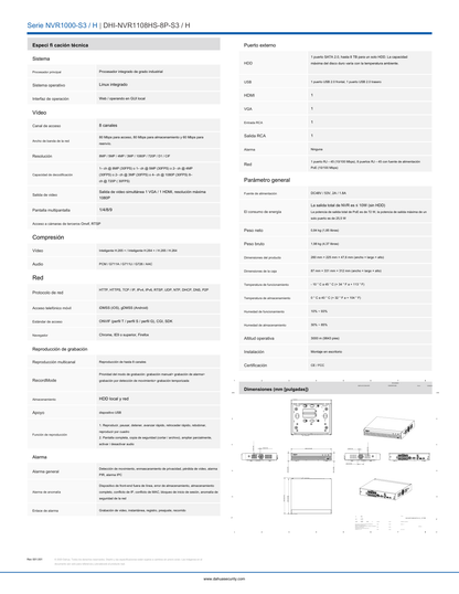 NVR Dahua DHI-NVR1108HS-8P-S3/H 8 mpx 4k  8 canales ip 8 puertos PoE smart h.265 salida de video HDMI&VGA 1 bahia de disco duro
