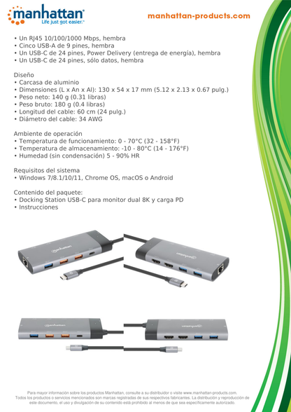 Docking Manhattan 10 puertos 2*HDMI 5*USB-A USB-C RJ45 carga PD