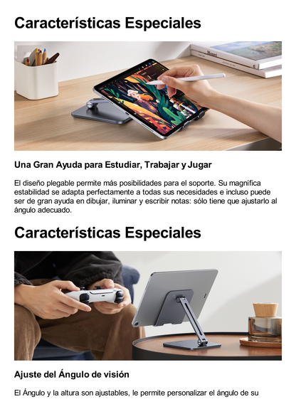 Soporte de Aluminio para IPad & Tablet | Plegable |Angulo Ajustable de 180° y 270° | Base Antideslizante | Protección  de Silicona | Amplia Compatibilidad con dispositivos de 7.9'' a 12.9'' | Aluminio Solido | Color Gris