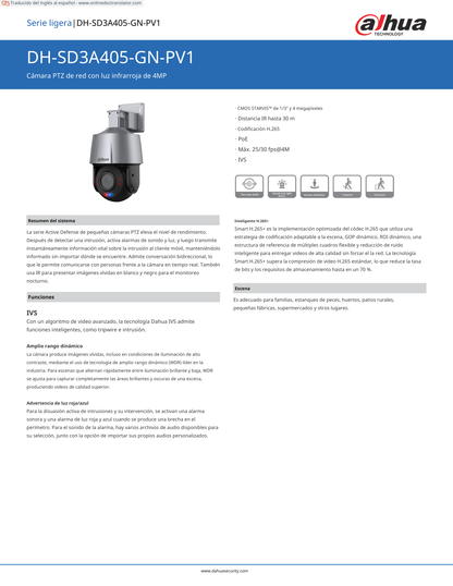 Camara Dahua DH-SD3A405-GN-PV1 PTZ IP 4 mpx lente 5 x de zoom optico IR 30 m audio ranura microsd IP66