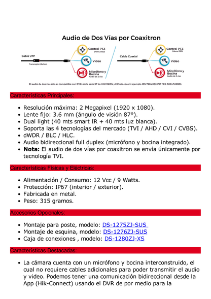 [Audio Bidireccional + Dual Light + ColorVu] Bala TURBOHD 2 Megapixel (1080p) / Lente 3.6 mm / 40 mts IR EXIR + 40 mts Luz Blanca / Micrófono y Bocina Integrado / Exterior IP67 / dWDR