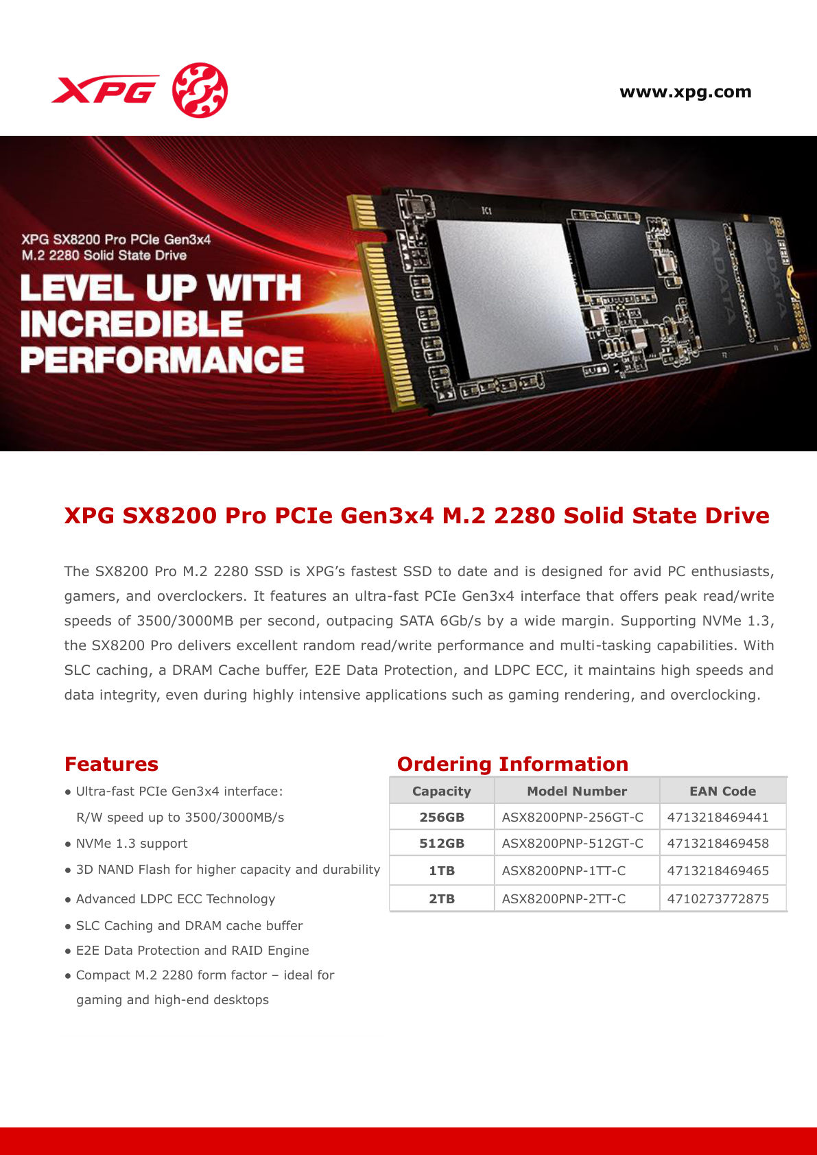 SSD M.2 2280 NVME/PCIE 1TB ADATA XPG SX8200PRO GEN 3X4 SOPORTA 1.3 VELOCIDAD 3500/3000 MBPS